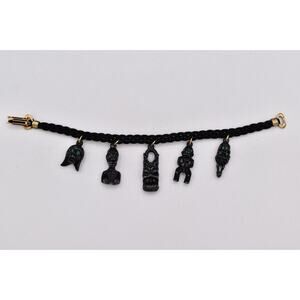 Vintage Tiki Charm Bracelet Black Cord Tribal Mask Green Eyes Polynesian BinBR
